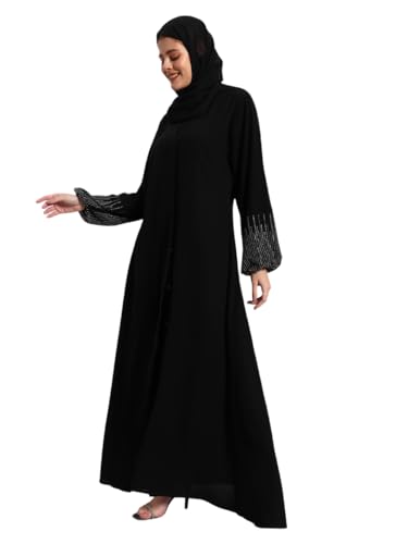 عباية نسائية من ملابس المحتشمة، مصنوعة من القماش، باللون الأسود، مقاس قياسي، بتصميم أنيق مع حجاب مطرز - الصورة 9
