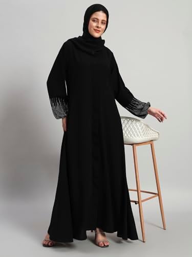 عباية نسائية من ملابس المحتشمة، مصنوعة من القماش، باللون الأسود، مقاس قياسي، بتصميم أنيق مع حجاب مطرز - الصورة 27