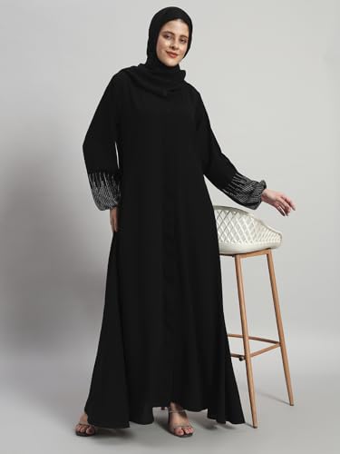 عباية نسائية من ملابس المحتشمة، مصنوعة من القماش، باللون الأسود، مقاس قياسي، بتصميم أنيق مع حجاب مطرز - الصورة 14