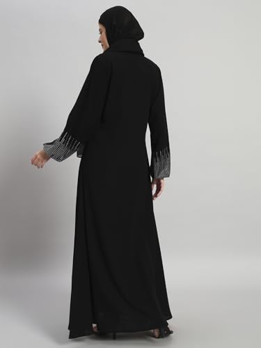 عباية نسائية من ملابس المحتشمة، مصنوعة من القماش، باللون الأسود، مقاس قياسي، بتصميم أنيق مع حجاب مطرز - الصورة 12