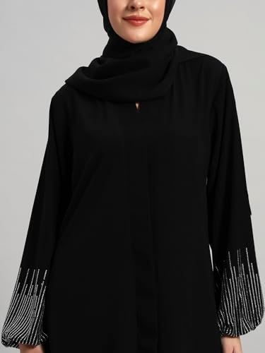 عباية نسائية من ملابس المحتشمة، مصنوعة من القماش، باللون الأسود، مقاس قياسي، بتصميم أنيق مع حجاب مطرز - الصورة 24