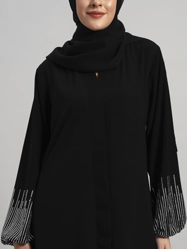 عباية نسائية من ملابس المحتشمة، مصنوعة من القماش، باللون الأسود، مقاس قياسي، بتصميم أنيق مع حجاب مطرز - الصورة 11
