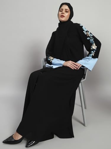 عباية للنساء مع حجاب، مصنوعة من قماش عالي الجودة، باللون الأسود، مقاس موحد، بتصميم أنيق مع تطريز - الصورة 14