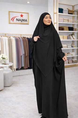 عباءة وخمار غير شفاف من نجمة، عباءة طويلة مع خمار مطابق للنساء المسلمات بلون أسود، مقاس واحد - الصورة 10