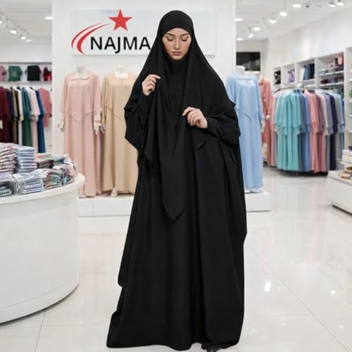 عباءة وخمار غير شفاف من نجمة، عباءة طويلة مع خمار مطابق للنساء المسلمات بلون أسود، مقاس واحد - الصورة 13