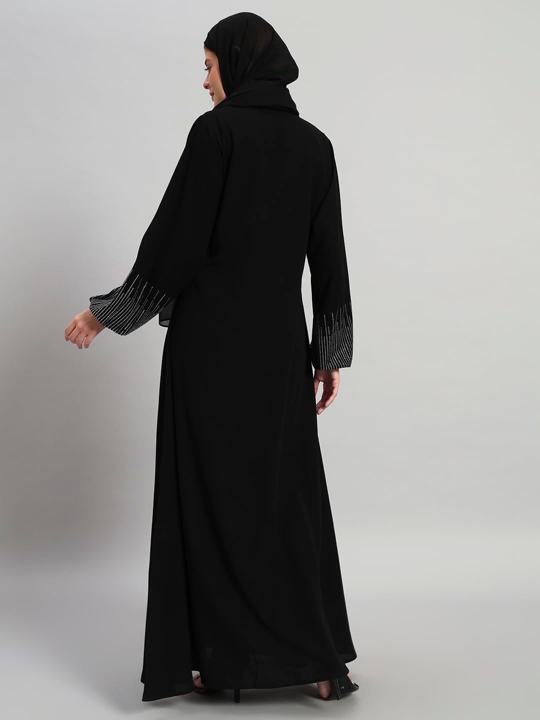 عباية نسائية من ملابس المحتشمة، مصنوعة من القماش، باللون الأسود، مقاس قياسي، بتصميم أنيق مع حجاب مطرز - الصورة 19