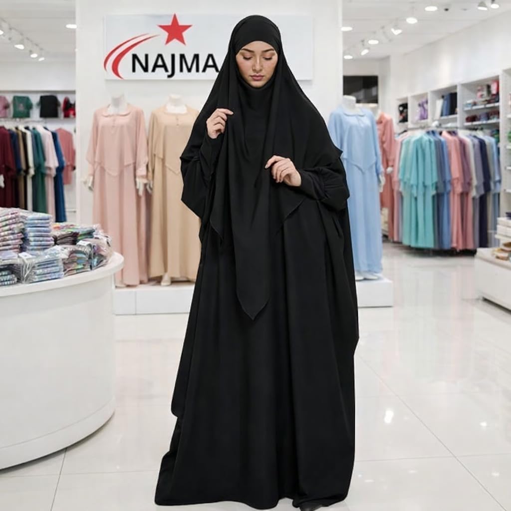 عباءة وخمار غير شفاف من نجمة، عباءة طويلة مع خمار مطابق للنساء المسلمات بلون أسود، مقاس واحد - الصورة 20
